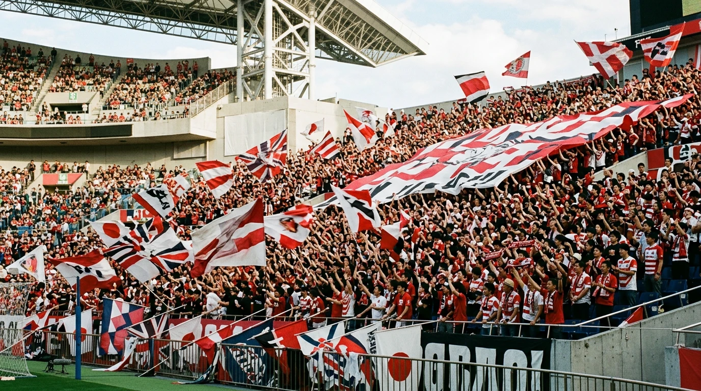 Aficionados de la J League animando con banderas y cánticos coordinados en las gradas