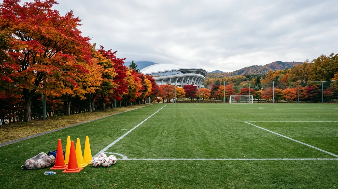 Campo de fútbol japonés en otoño con hojas caídas junto al terreno de juego