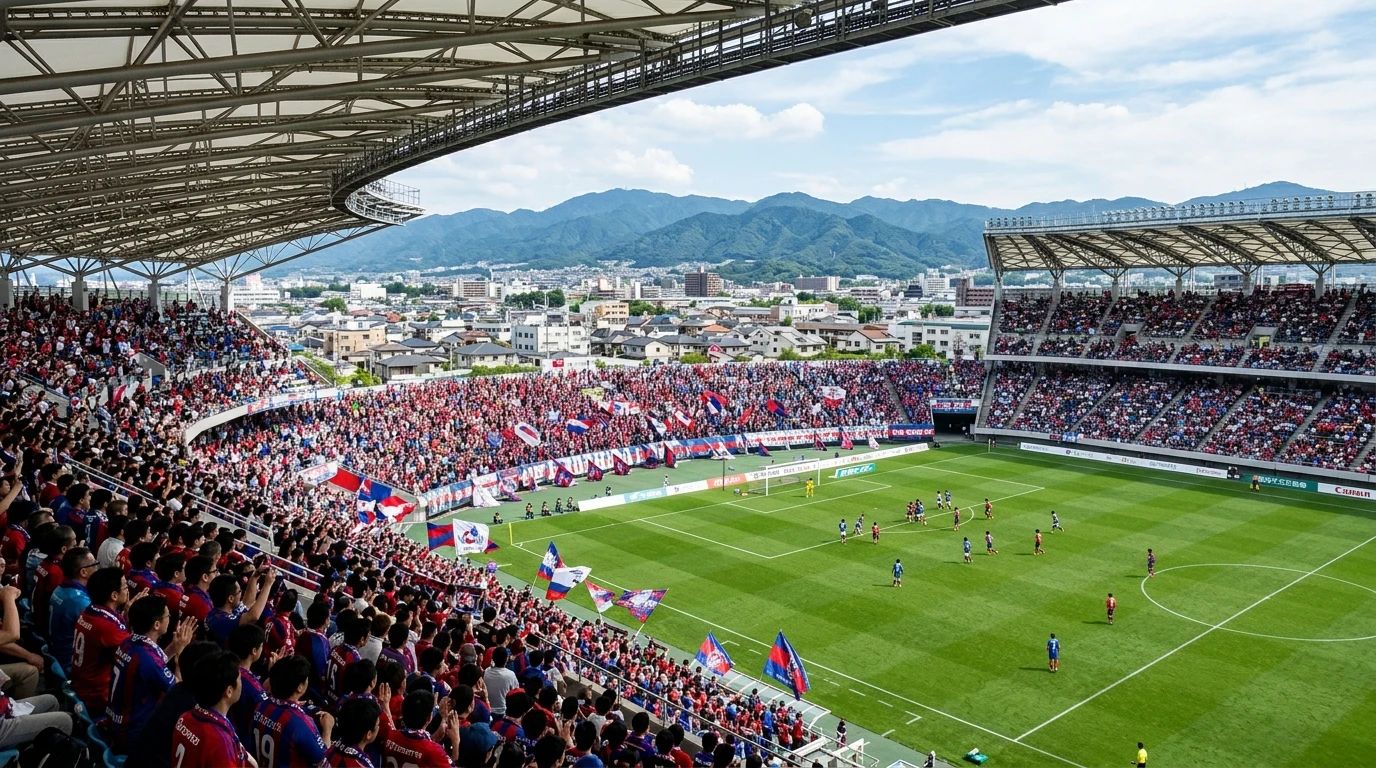 Estadio de la J League lleno de aficionados durante un partido de fútbol japonés