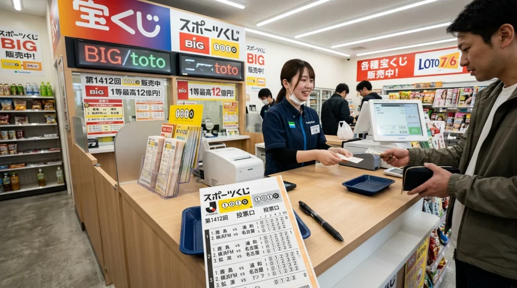 Boleto de lotería deportiva Toto en un mostrador de venta en Japón
