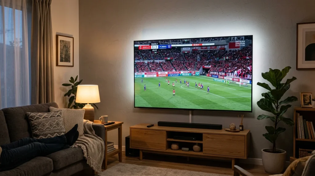 Televisor de pantalla grande transmitiendo un partido de fútbol de la J League en una sala de estar