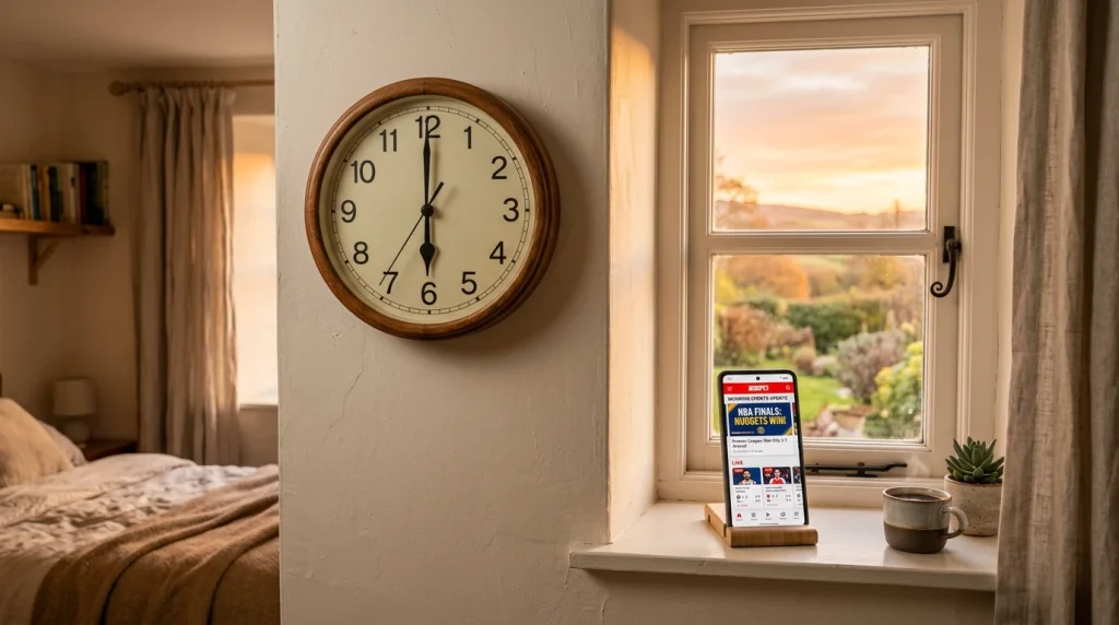 Reloj de pared mostrando la hora temprana de la mañana junto a una ventana con luz del amanecer