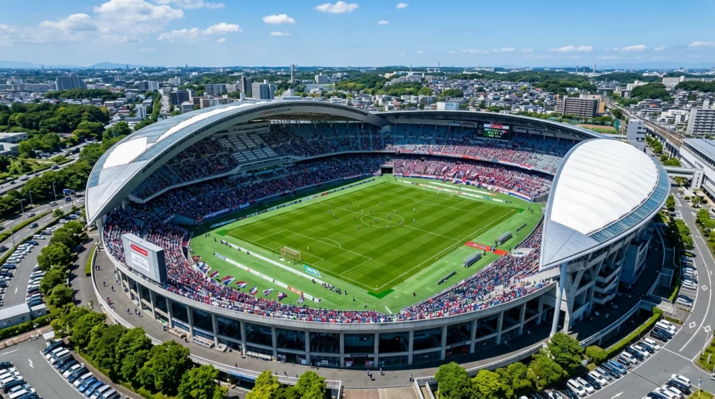 Vista aérea de un estadio de futbol japonés con campo de césped verde y gradas durante un partido de J League