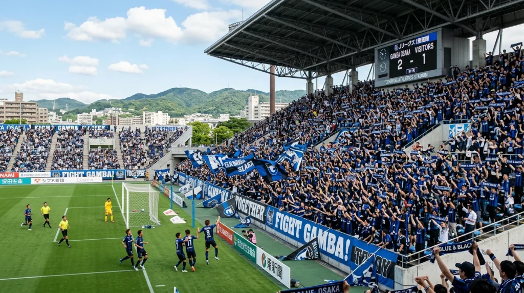 Estadio de futbol japonés con aficionados celebrando un gol durante un partido diurno de la J League