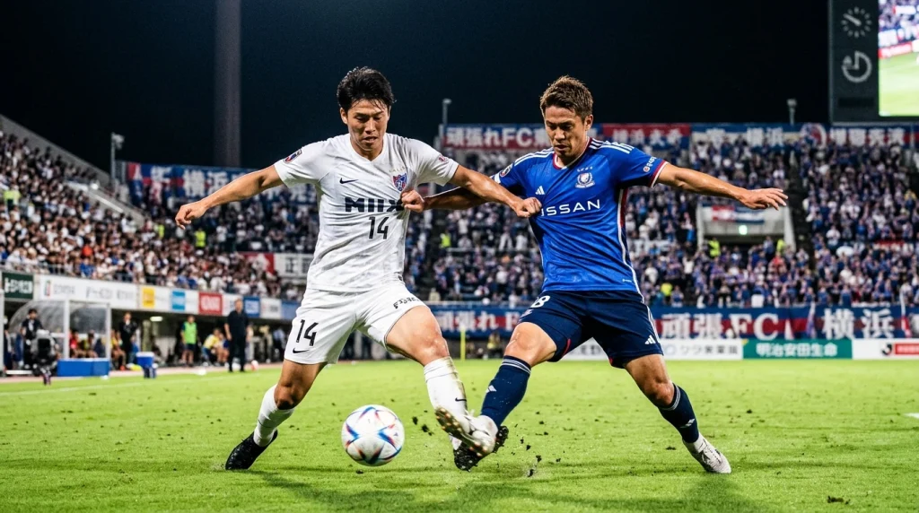 Jugadores de futbol disputando un balón durante la segunda parte de un partido nocturno en Japón