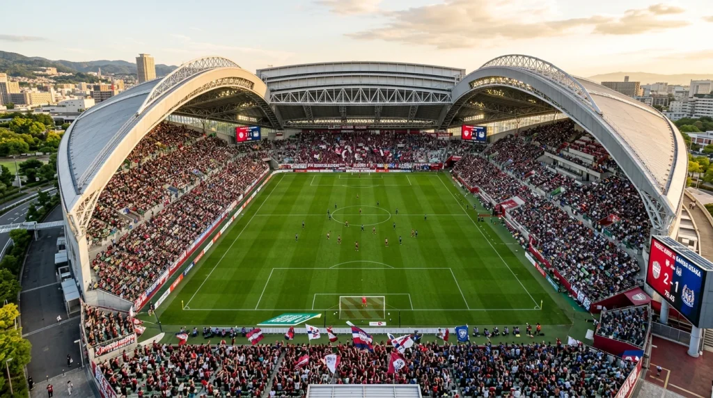 Estadio de futbol japonés con público en las gradas durante un partido diurno de la J League