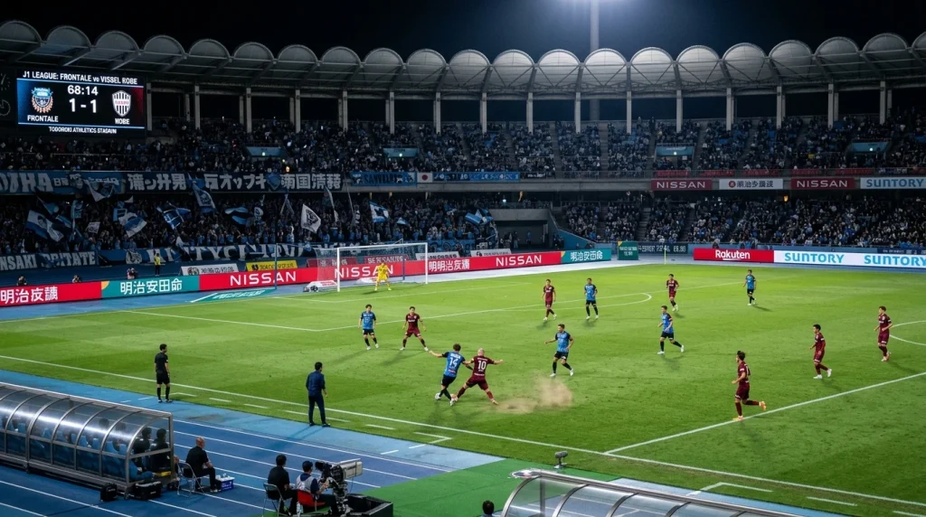 Partido de fútbol en curso en un estadio japonés iluminado de noche