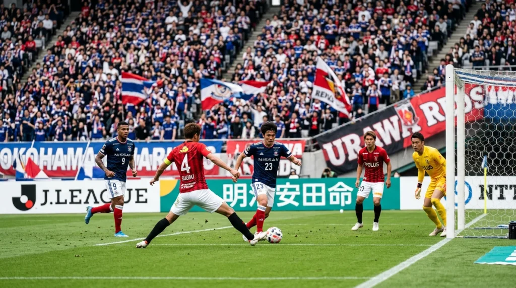 Dos equipos de fútbol disputando un partido en un estadio de la J League japonesa