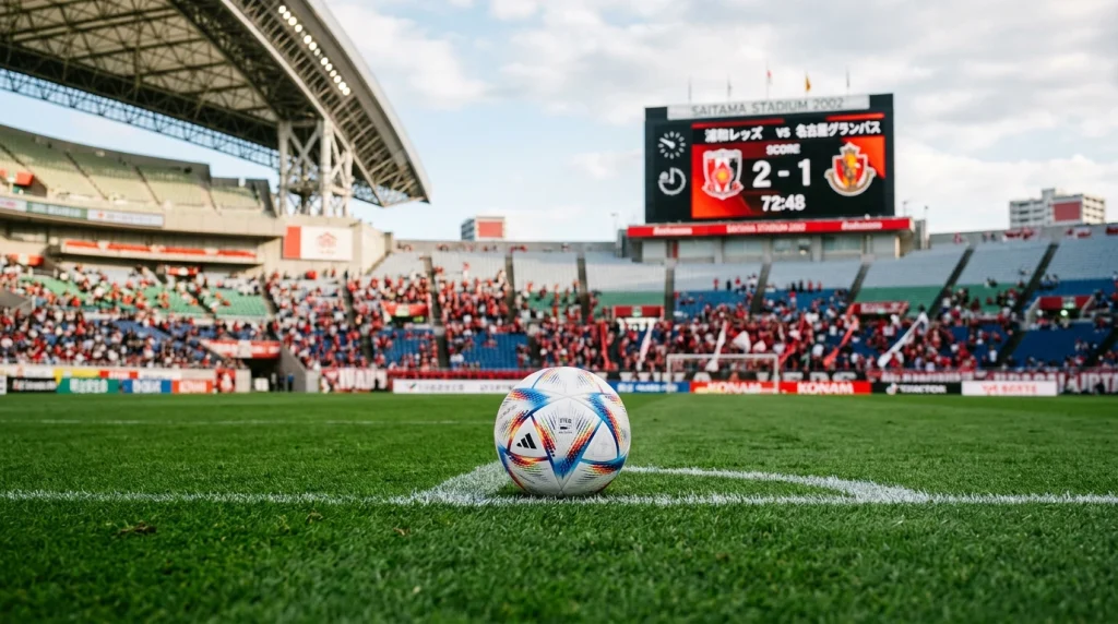 Balón de fútbol en el césped de un estadio japonés con marcador electrónico mostrando goles