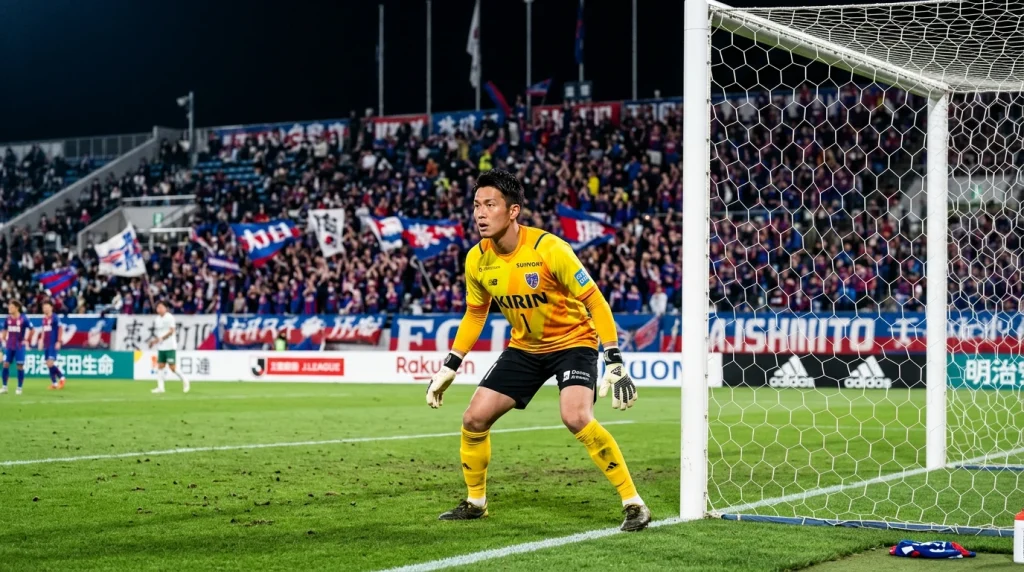 Portero de fútbol en posición defensiva durante un partido en un estadio japonés