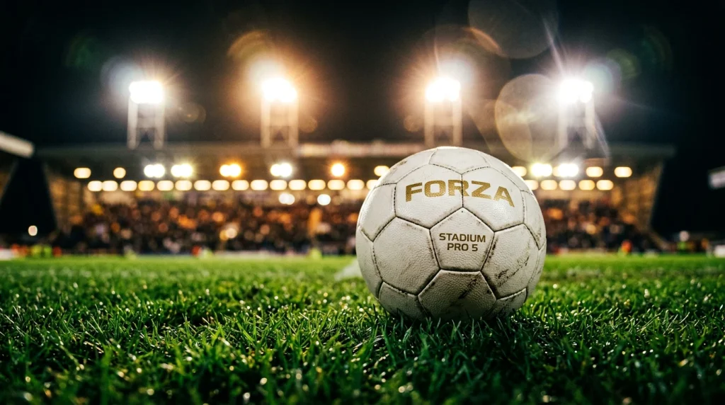 Balón de futbol sobre césped verde con luces de estadio al fondo en un contexto deportivo internacional