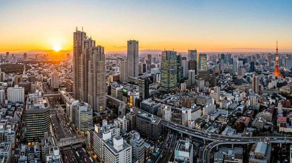 Panorámica del distrito financiero de Tokio con rascacielos modernos al atardecer
