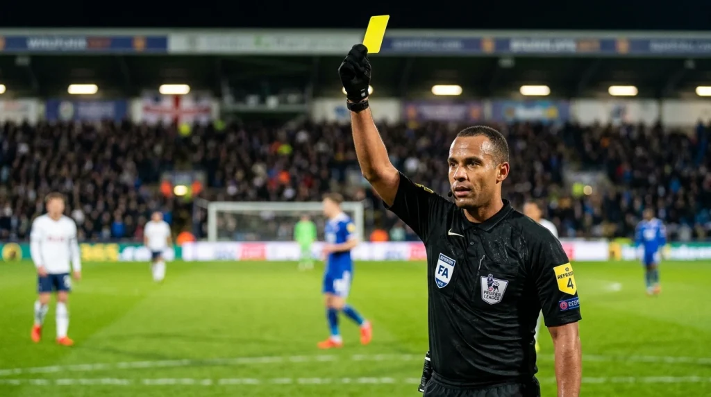 Árbitro de futbol mostrando una tarjeta amarilla durante un partido de la J League en Japón